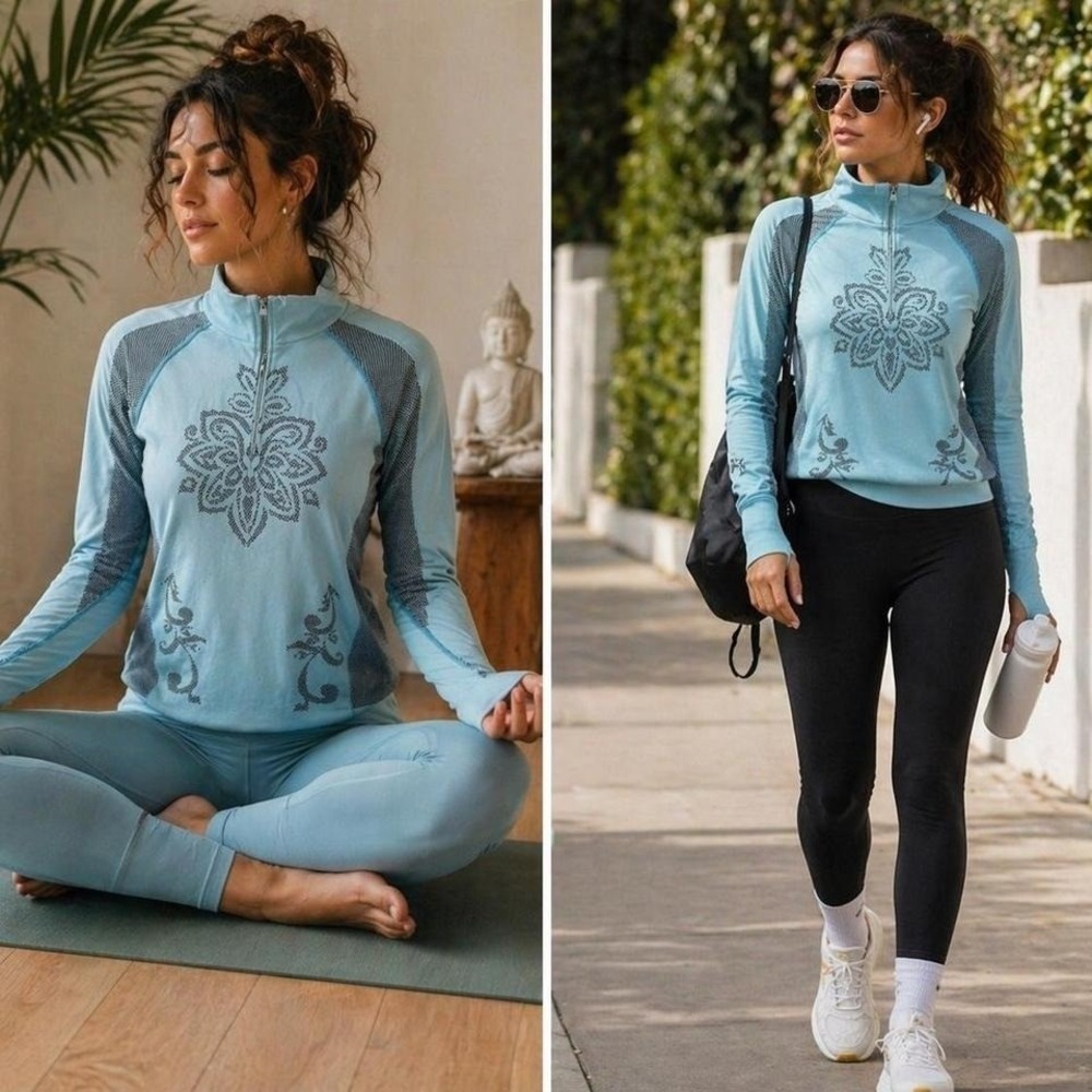 Athleta Blue Mesh Panel Zip Pullover Athleisure Yoga Run Active Pilates Gym Sz L